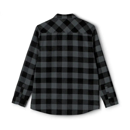 Gray and black checkered long-sleeved flannel shirt for men displayed elegantly