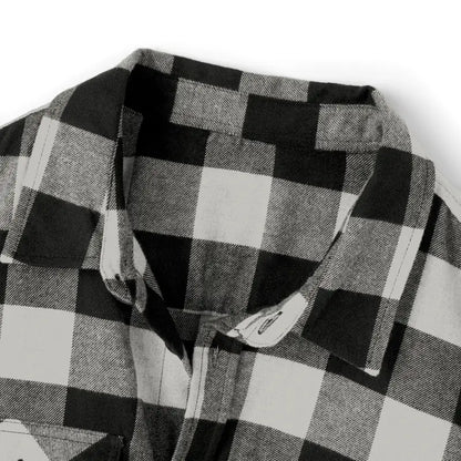 Black and white checkered shirt displayed as Gray and Black Plaid Flannel Shirt