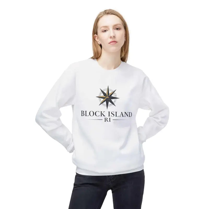 White sweatshirt featuring a compass design, part of the Gray Block Island Nautical collection