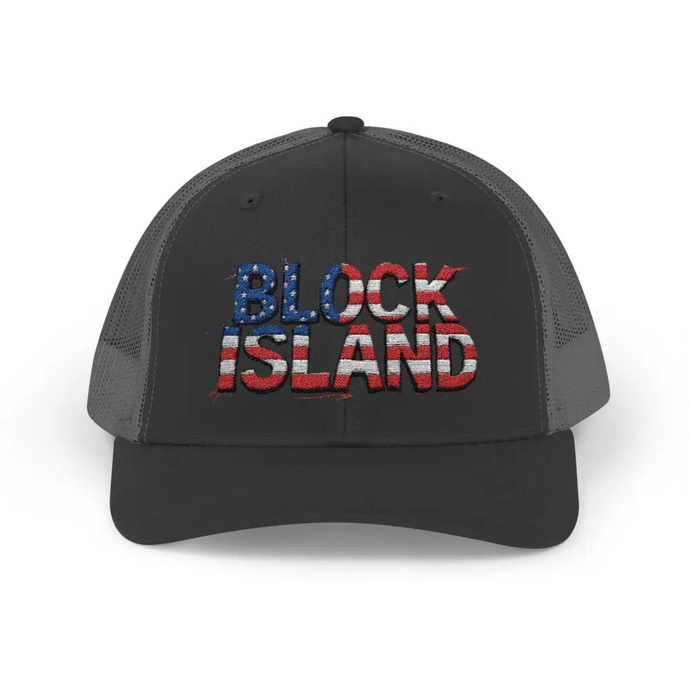 Gray Trucker Hat featuring Block Island text and American Flag Lettering design