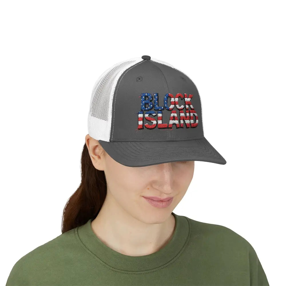 Gray Block Island Trucker Hat featuring American Flag Lettering for stylish outdoor wear