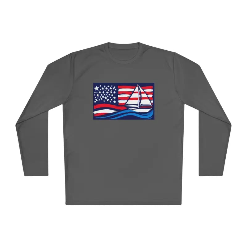 Gray long-sleeved shirt featuring American flag sailboat design for casual wear