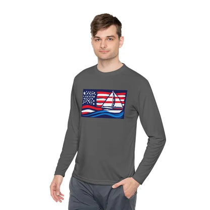 Gray long-sleeved shirt featuring American flag sailboat design for casual wear