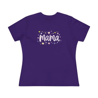 Purple t-shirt featuring mama design from Gray Mama Heart Women’s T Shirt collection