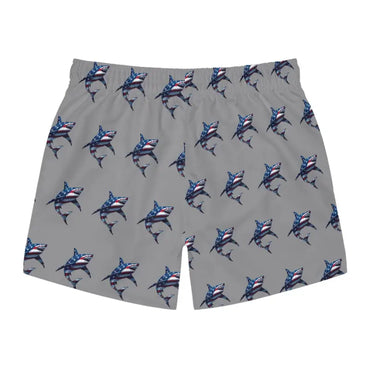 Gray Patriotic Shark Print Swim Trunks featuring a stylish shark pattern design