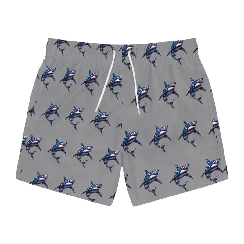 Gray Patriotic Shark Print Swim Trunks featuring a unique shark pattern design