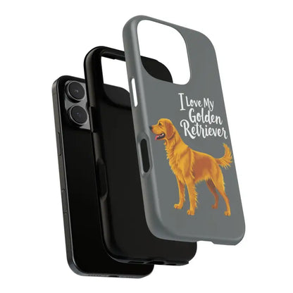 Gray iPhone 16 Pro phone case featuring a Golden Retriever design for dog lovers
