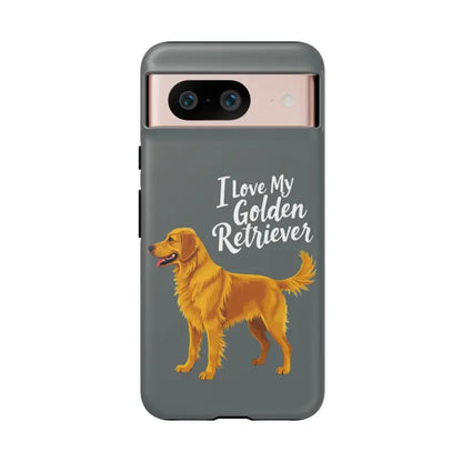 Gray phone case with golden retriever design for iPhone 16 Pro