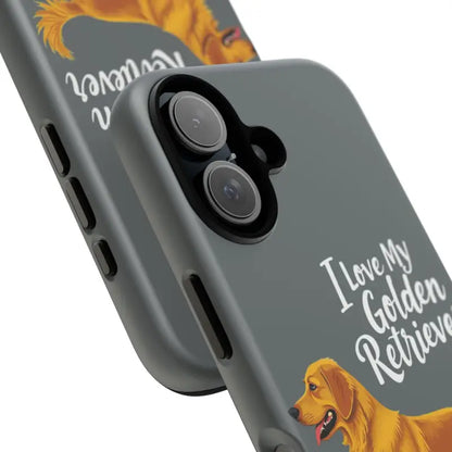 Gray phone case with golden retriever design for iPhone 16 Pro, stylish and unique