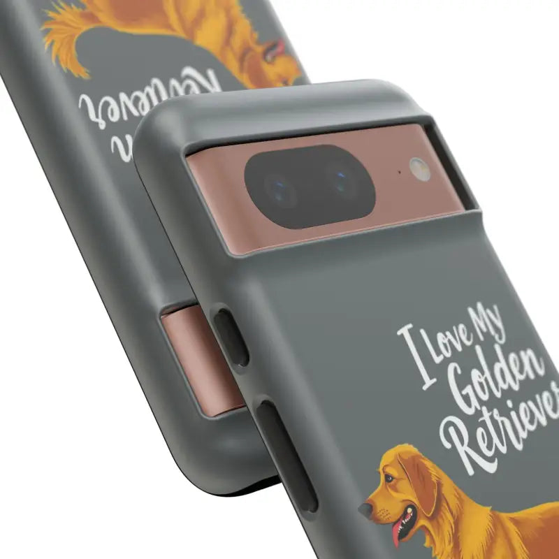 Gray phone case with golden retriever design for iPhone 16 Pro