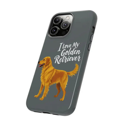 Gray Phone Case Featuring Golden Retriever Design for iPhone 16 Pro on display