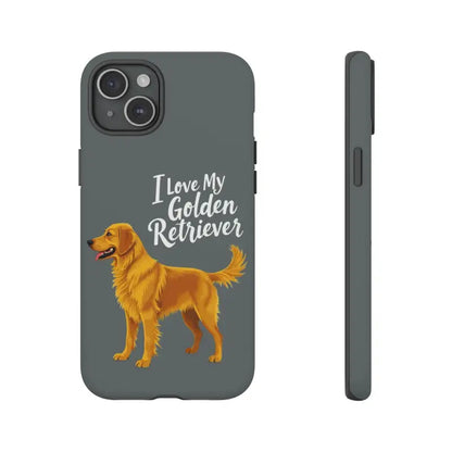 Gray phone case with golden retriever design for iPhone 16 Pro