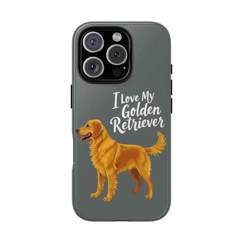 Gray Phone Case Featuring Golden Retriever Design for iPhone 16 Pro displayed