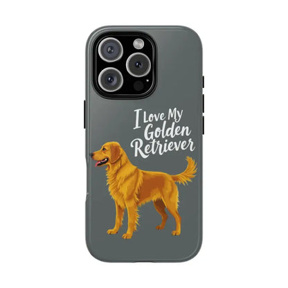 Gray Phone Case Featuring Golden Retriever Design for iPhone 16 Pro displayed