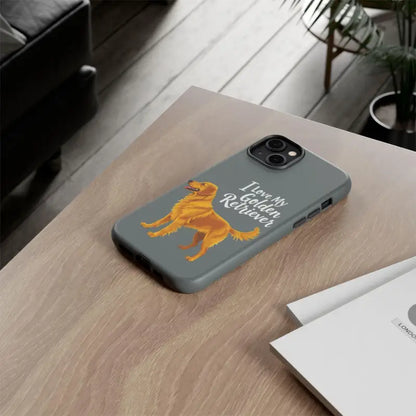 Gray phone case with a Golden Retriever design for iPhone 16 Pro
