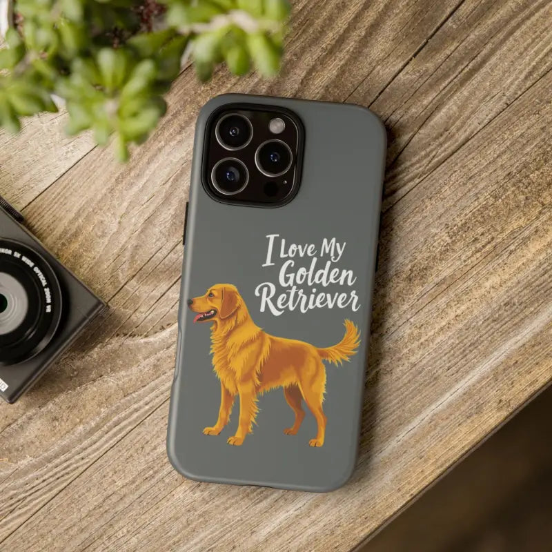 Gray iPhone 16 Pro case featuring an artistic Golden Retriever design for pet lovers