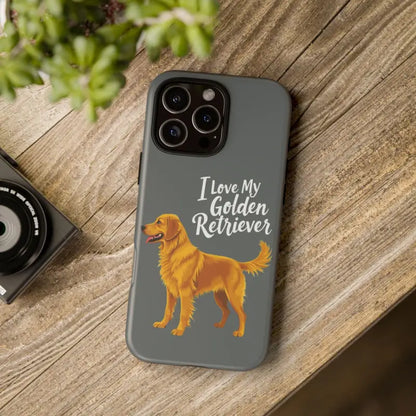 Gray iPhone 16 Pro case featuring an artistic Golden Retriever design for pet lovers