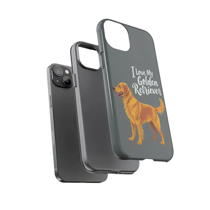 Gray Phone Case Featuring Golden Retriever Design for iPhone 16 Pro, stylish and fun