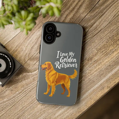 Gray iPhone 16 Pro case adorned with a Golden Retriever design for pet lovers