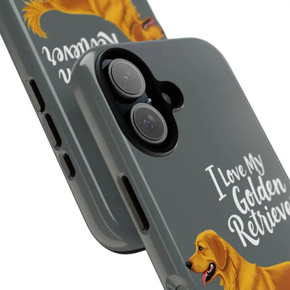 Gray phone case featuring a Golden Retriever design for iPhone 16 Pro