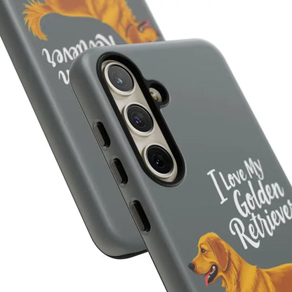 Gray phone case with a golden retriever design for iPhone 16 Pro