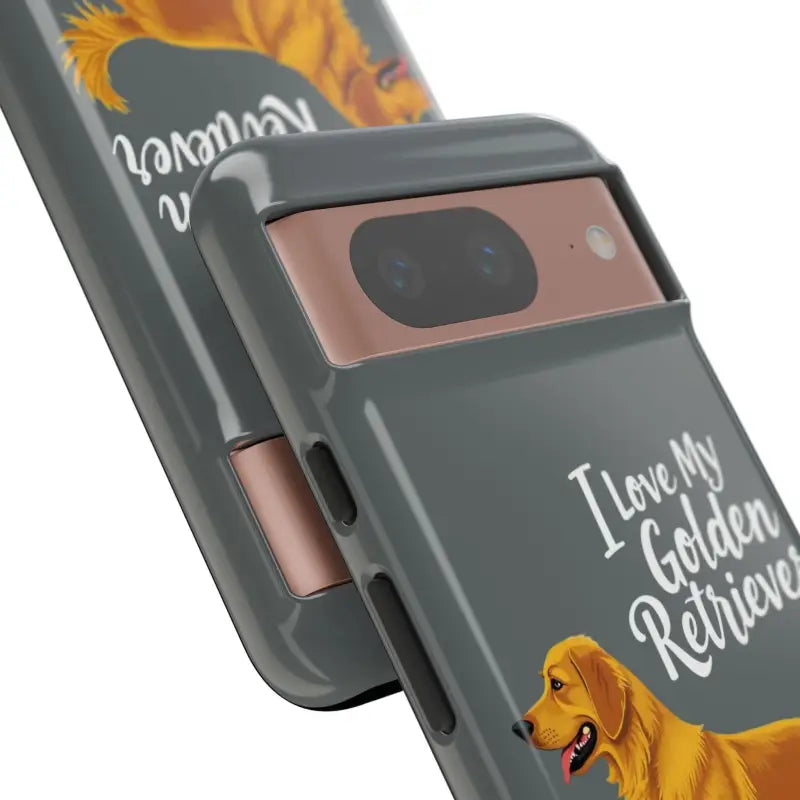 Gray phone case with golden retriever design for iPhone 16 Pro displayed elegantly