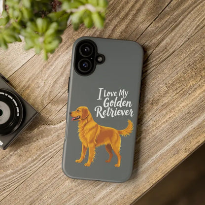 Gray Phone Case with Golden Retriever Design for iPhone 16 Pro, stylish and protective