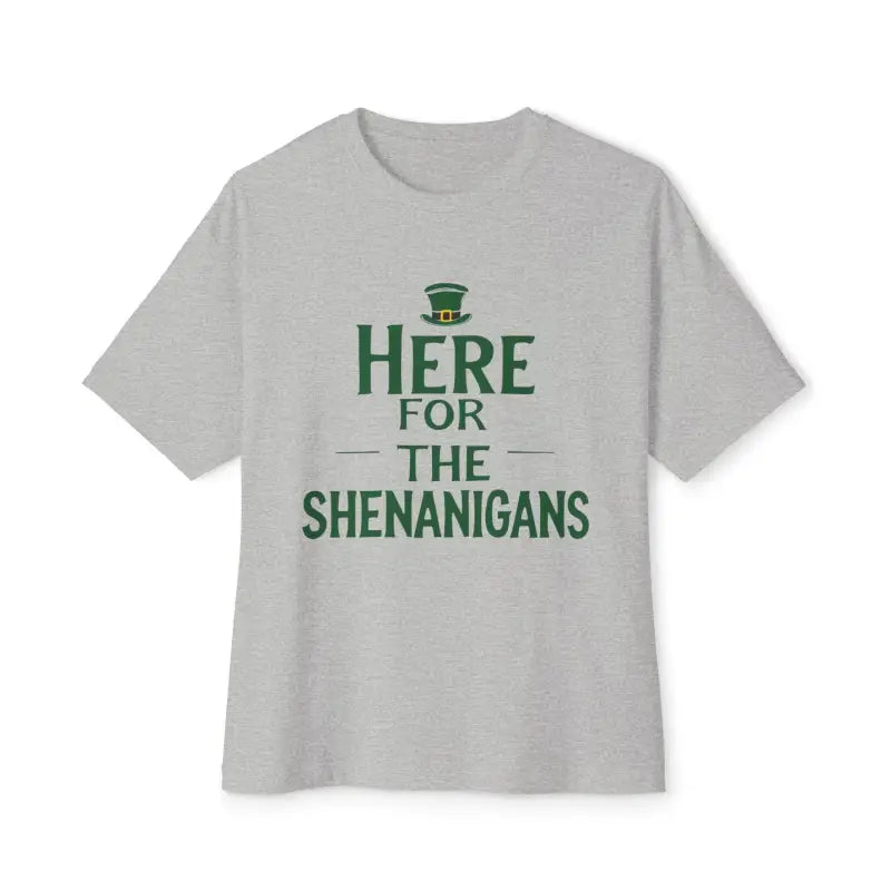 Gray St Patricks Day T Shirt Here For The Shanigahans with festive slogan displayed