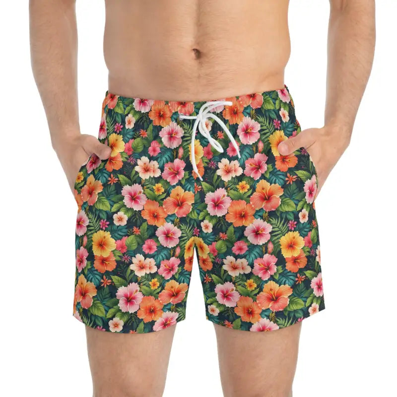 Floral swim trunks displayed in Hawaiian Spirited Swim Trunks for custom summer fun