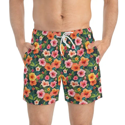 Floral swim trunks displayed in Hawaiian Spirited Swim Trunks for custom summer fun