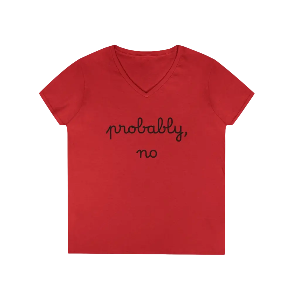 Heliconia V Neck T Shirt in Red Pink and Gray displayed on a white background