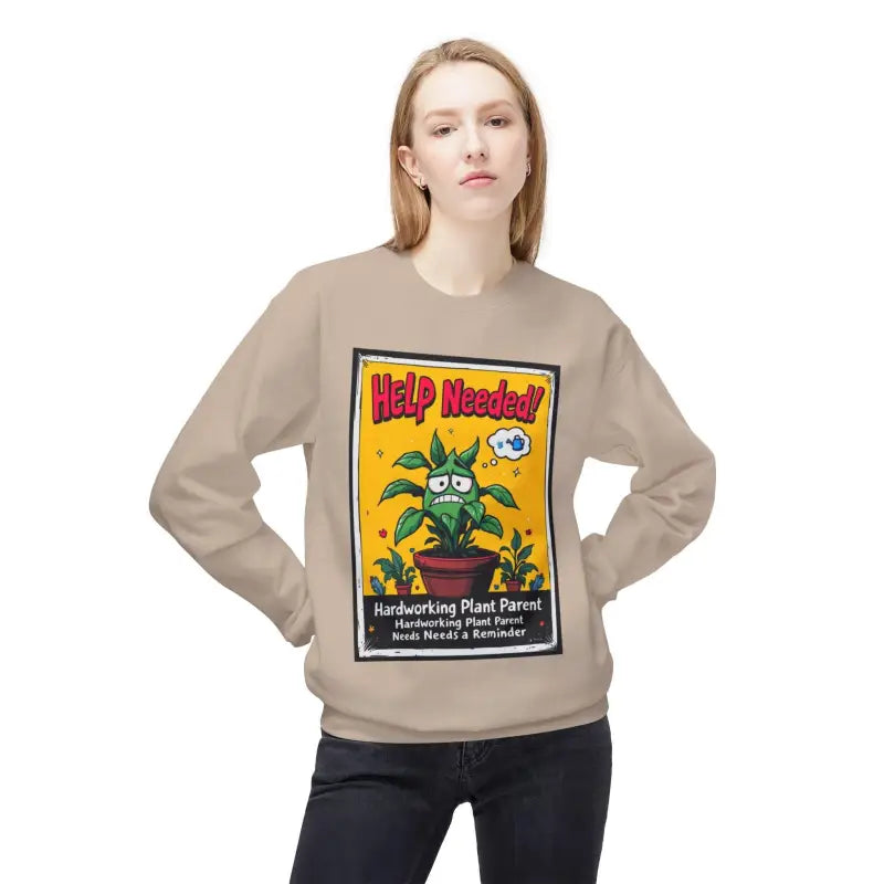 Beige Help Wanted Funny Plant Parent Sweatshirt featuring plant graphic for plant lovers