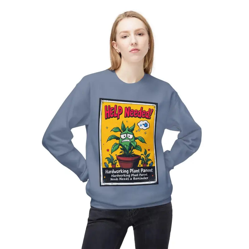 Blue sweatshirt featuring a plant graphic for plant lovers seeking humor
