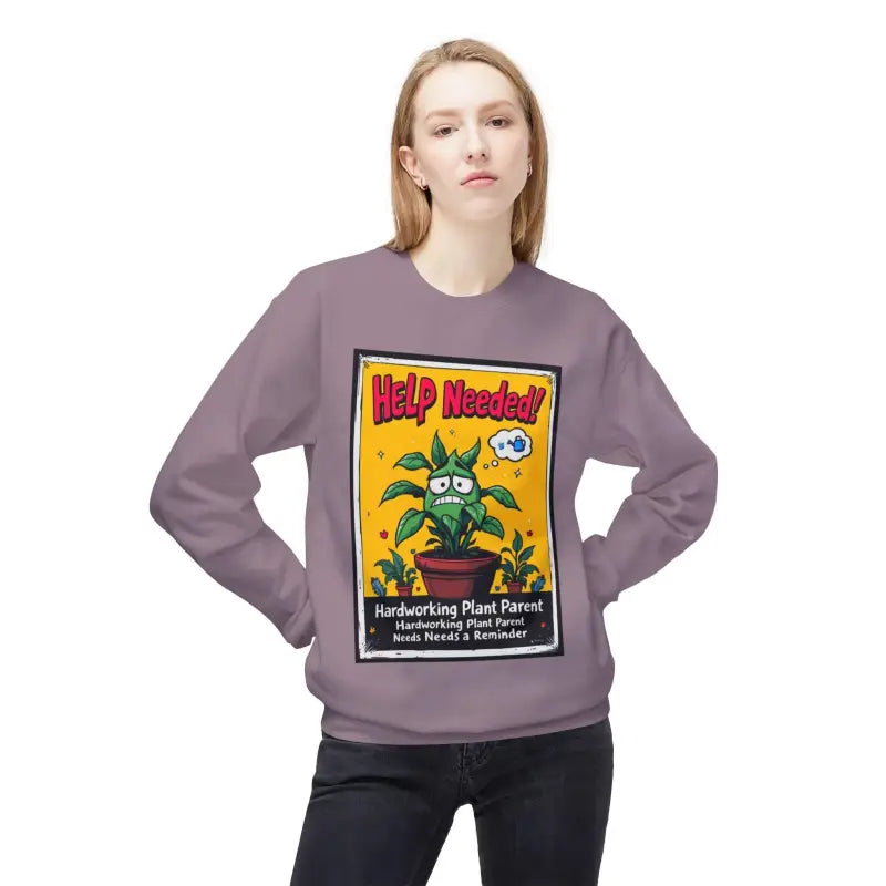 Lilac sweatshirt featuring a plant graphic for plant lovers, titled Help Wanted Funny Plant Parent