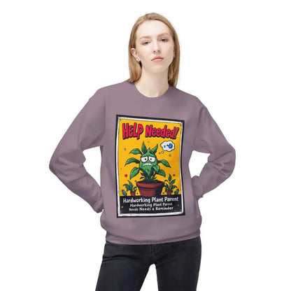 Lilac sweatshirt featuring a plant graphic for plant lovers, titled Help Wanted Funny Plant Parent