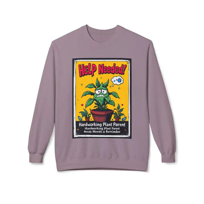 Mauve sweatshirt featuring plant graphic for plant lovers, Help Wanted design