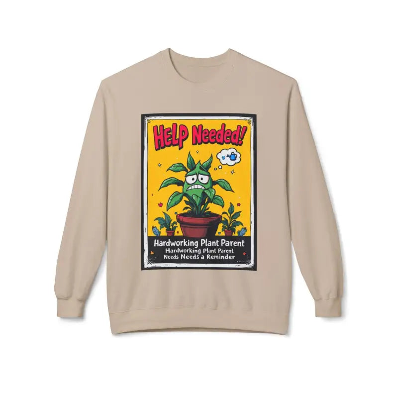 Beige sweatshirt featuring plant graphic for plant lovers, Help Wanted design