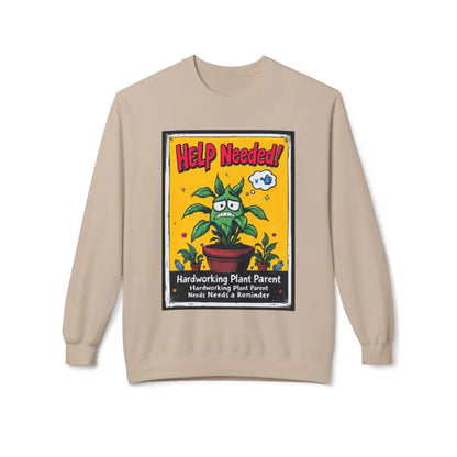 Beige sweatshirt featuring plant graphic for plant lovers, Help Wanted design
