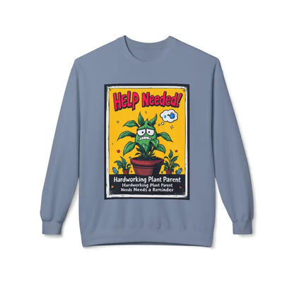 Blue sweatshirt featuring a plant graphic for plant lovers and parents