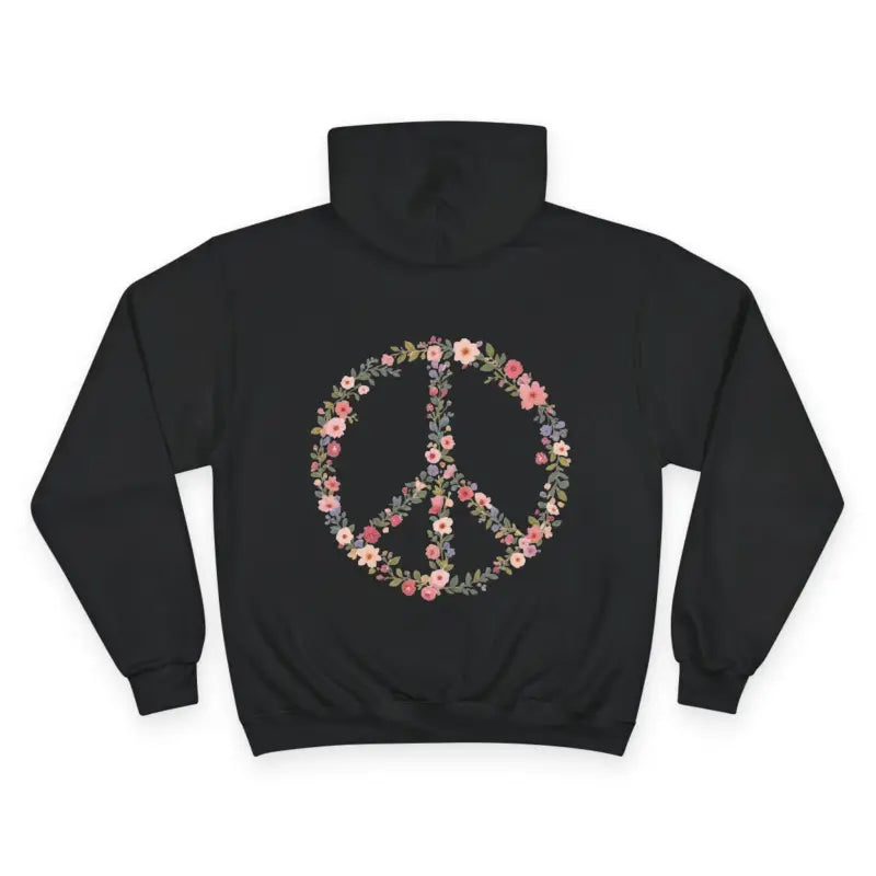 Black hoodie with floral peace sign from the Hooded Sweatshirt Collection Featuring Floral Accent