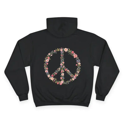 Black hoodie with floral peace sign from the Hooded Sweatshirt Collection Featuring Floral Accent