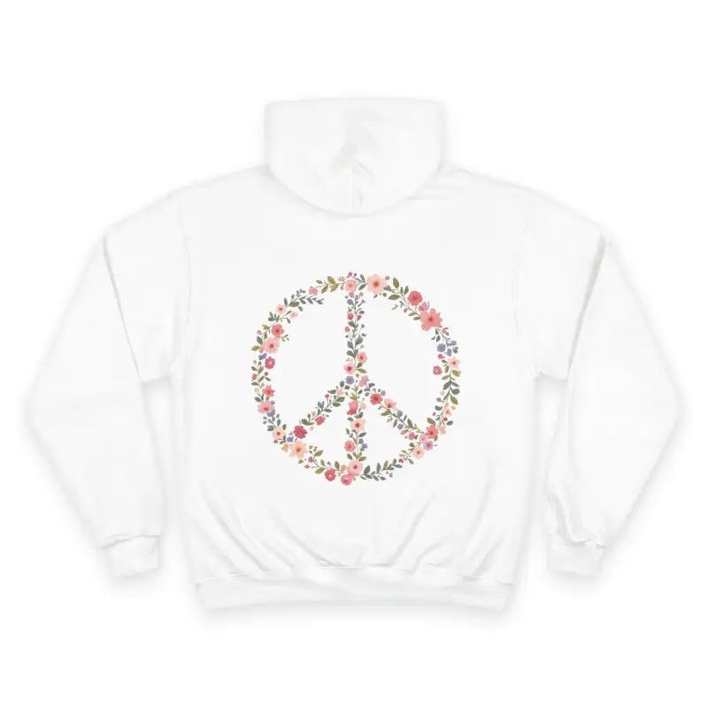 White hoodie with floral peace sign from the Hooded Sweatshirt Collection Featuring Floral Accent