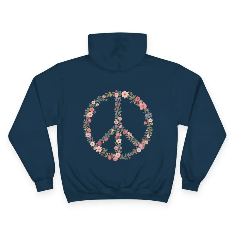 Navy blue hoodie with floral peace sign from Hooded Sweatshirt Collection Featuring Floral Accent