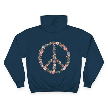 Navy blue hoodie with floral peace sign from Hooded Sweatshirt Collection Featuring Floral Accent