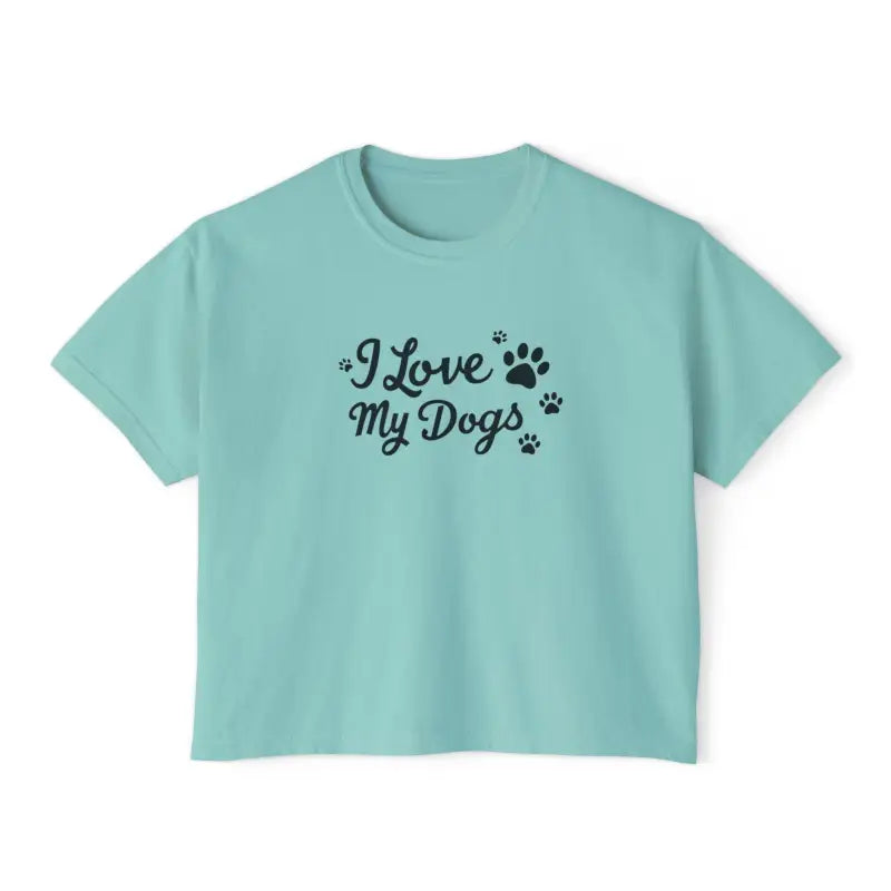 Aqua women’s boxy tee featuring I Love My Dogs text design for dog lovers
