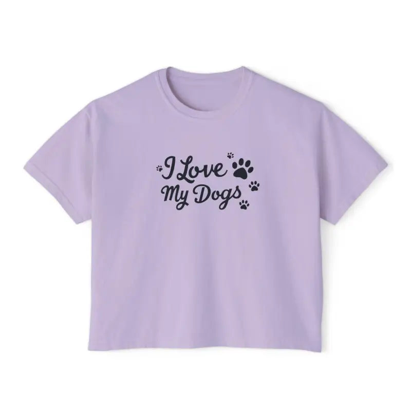 Lavender I Love My Dogs Boxy Tee for Women featuring stylish text design