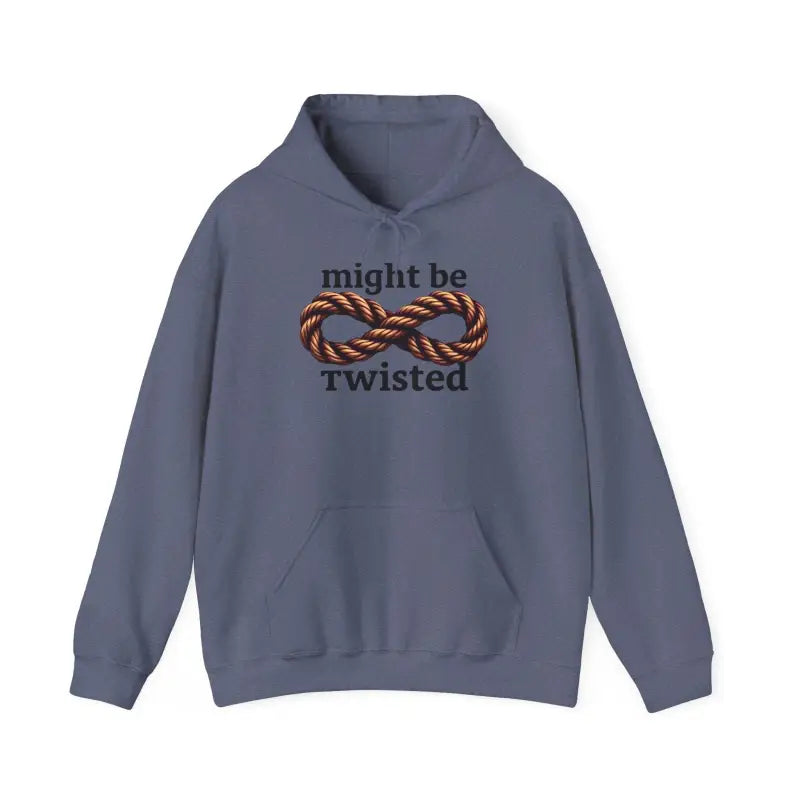 Blue hoodie featuring might be twisted text and infinity rope symbol for Infinity Rope Hoodie Sweatshirt