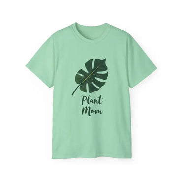 Mint green Plant Mom t-shirt featuring Monstera leaf design for plant enthusiasts