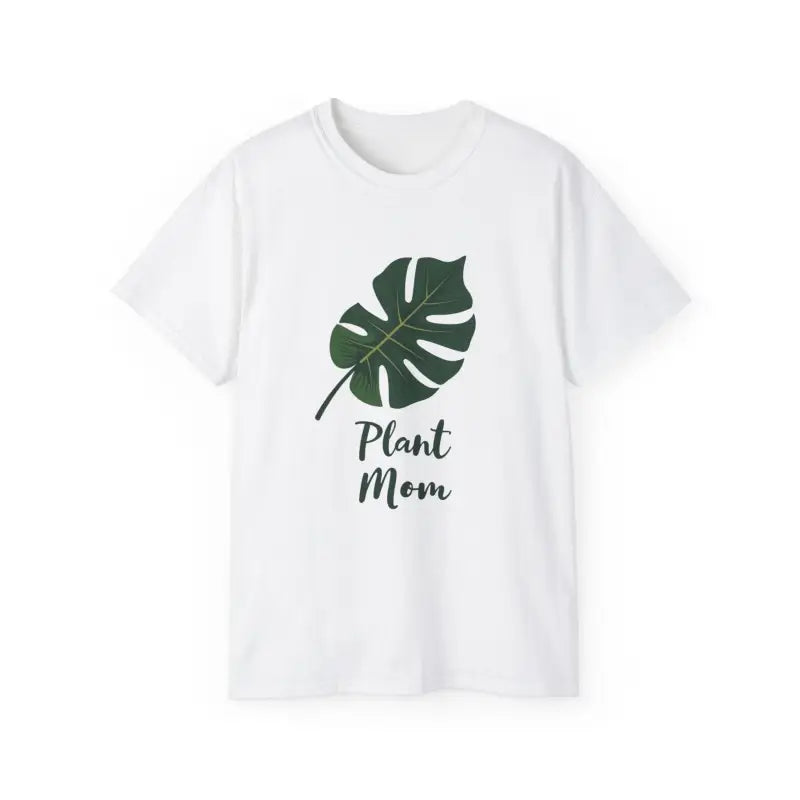 White Lavender Plant Mom T Shirt showcasing Monstera leaf design for plant enthusiasts