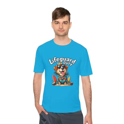 Blue Lifeguard Duty Dog unisex moisture-wicking T-shirt for beach lovers